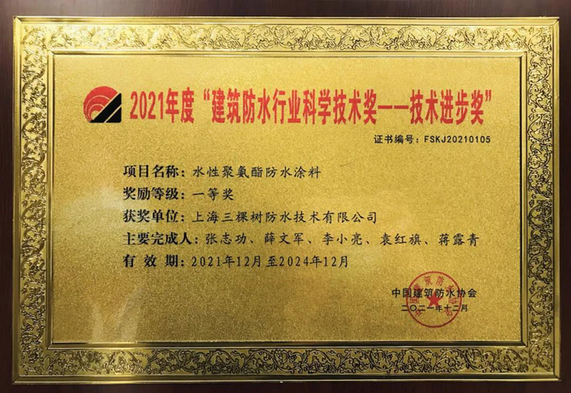 “建筑防水行業(yè)科技技術(shù)獎(jiǎng)——技術(shù)進(jìn)步獎(jiǎng)”一等獎(jiǎng)。